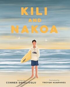 boy on beach with surfboard. Book cover
